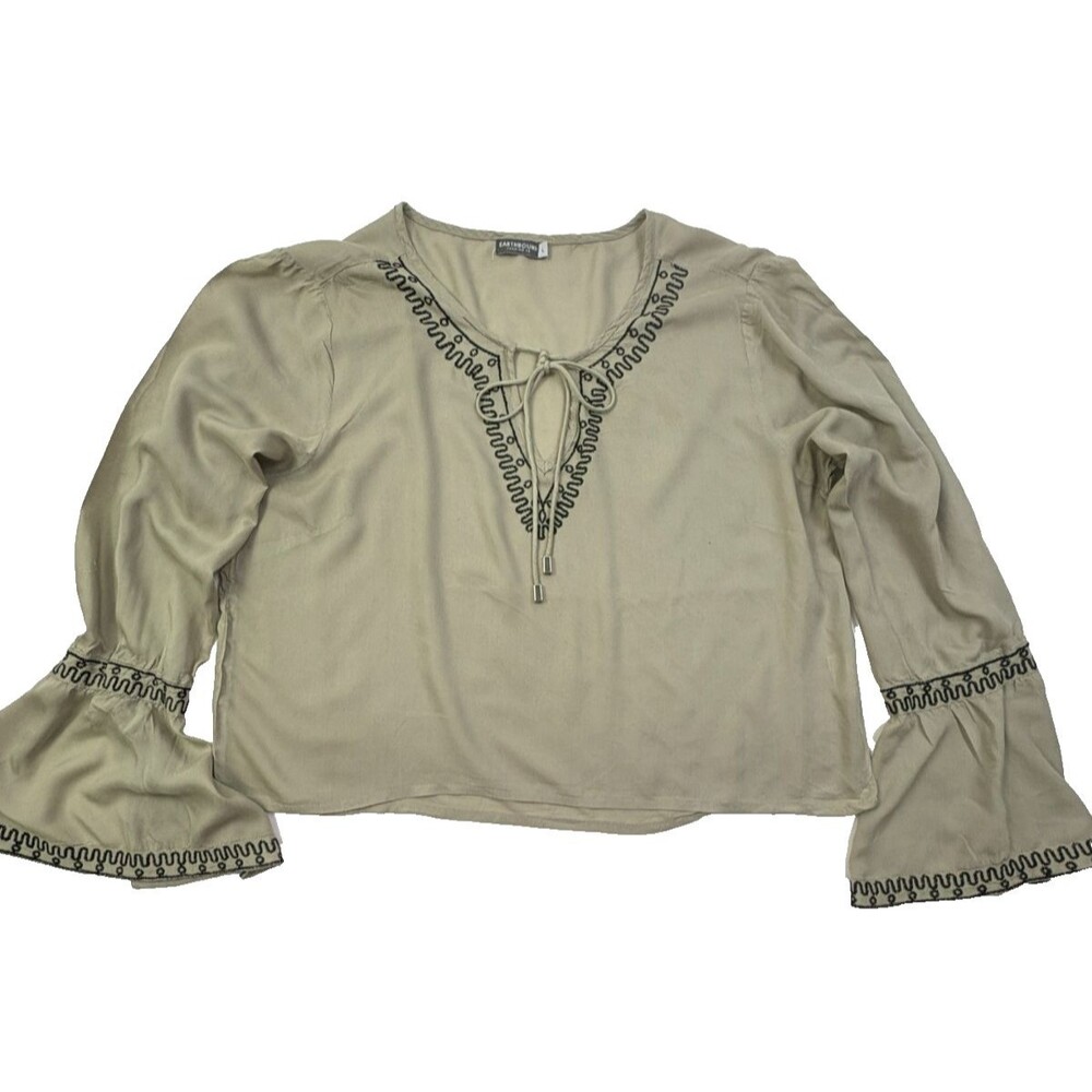 Boho Peasant Blouse Embroidered Bell Sleeve Tie Neck Earthbound Trading Co L